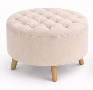 Puff redondo capitonado en tela crema beige con patas de madera