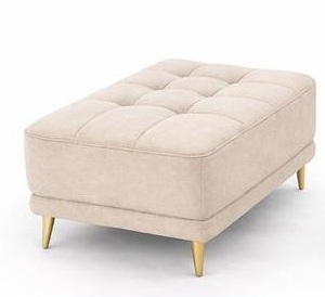 Puff rectangular capitonado en tela crema beige con patas doradas