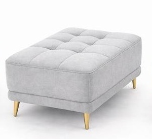 Puff rectangular capitonado en tela gris claro con patas doradas