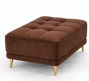 Puff rectangular capitonado en tela café tabaco con patas doradas