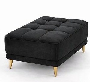 Puff rectangular capitonado en tela negra con patas doradas