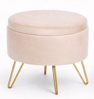 Puff redondo en tela crema beige con patas doradas
