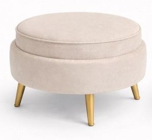 Puff redondo con tapa en tela crema beige y patas doradas