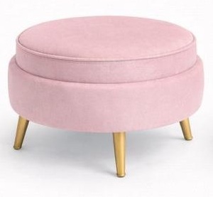 Puff redondo con tapa en tela rosa y patas doradas