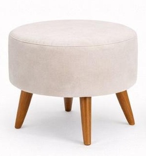 Puff redondo en tela crema beige con patas de madera