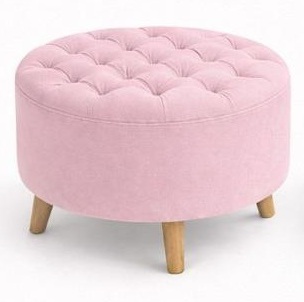 Puff redondo capitonado en tela rosa con patas de madera