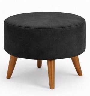 Puff redondo en tela negra con patas de madera