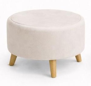Puff redondo con tapa en tela crema beige y patas de madera clara