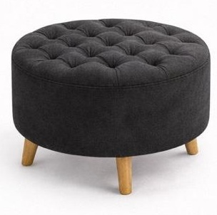 Puff redondo capitonado en tela negra con patas de madera