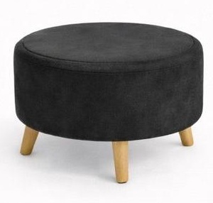 Puff redondo con tapa en tela negra y patas de madera clara