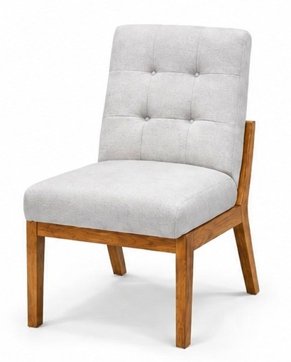 Silla capitonada con tela gris claro y estructura de madera