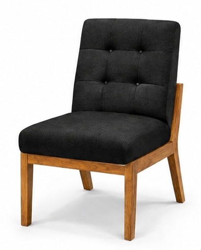 Silla capitonada con tela negra y estructura de madera