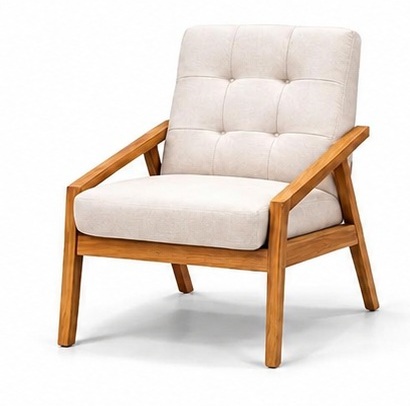 Sillón con brazos de madera y tela crema beige