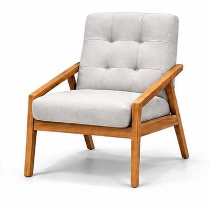 Sillón con brazos de madera y tela gris claro