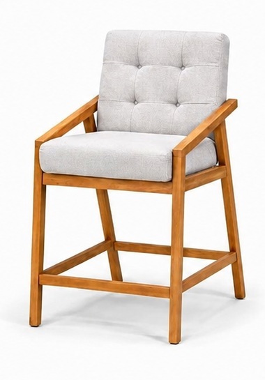 Banco alto con brazos de madera y tela gris claro