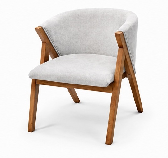 Sillón individual con tela gris claro y estructura de madera
