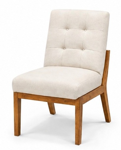 Silla capitonada con tela crema beige y estructura de madera